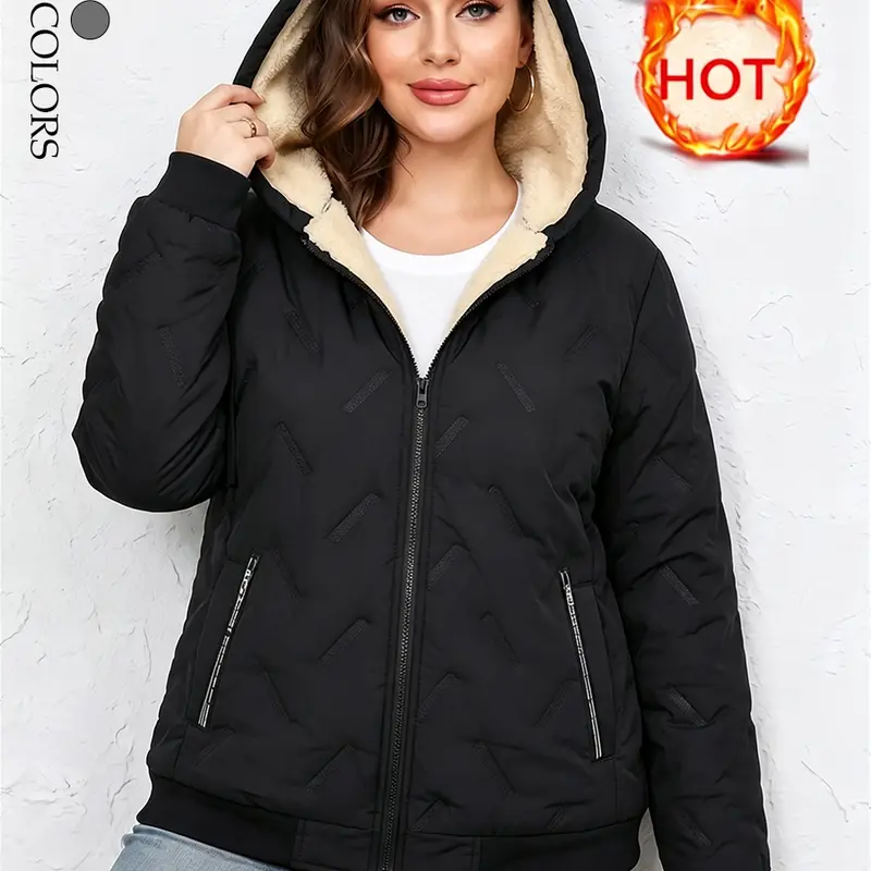 Women’s solid-color fleece-lined warm zip-up jacket with anti-theft pockets; casual hooded outerwear that suits everyday wear; suitable for autumn and winter, Christmas outfits, thick outer layer, and going-out tops; new fall arrival.