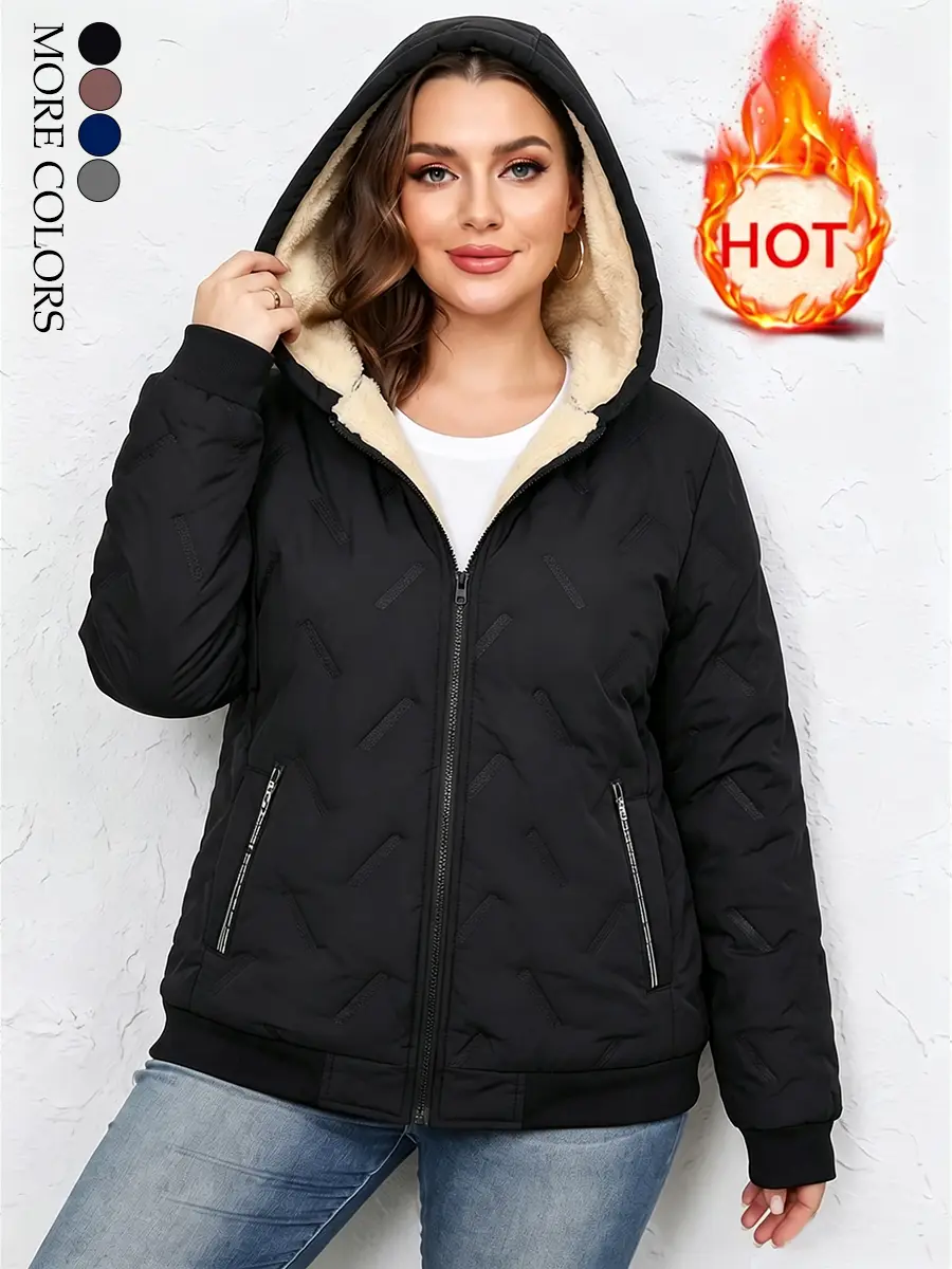 Women’s solid-color fleece-lined warm zip-up jacket with anti-theft pockets; casual hooded outerwear that suits everyday wear; suitable for autumn and winter, Christmas outfits, thick outer layer, and going-out tops; new fall arrival.