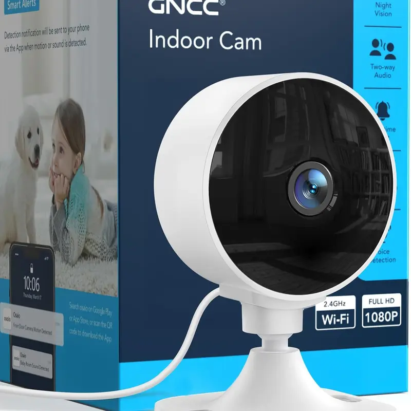 GNCC Compact Indoor Security Camera (Smart Home Gadget) with Wall Mount, 2.4G Wi-Fi, Full HD 1080P, AI Motion Sensor, Sound Alert, 2-Way Audio, Night Vision, Cloud & SD Card Storage - Works with Alexa, Google Home for Surveillance, Baby Monitoring, Smart
