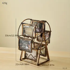 AMF Vintage Rotating Ferris Wheel Photo Frame, Handcrafted Resin Round Desktop Display with 4 Frames, Golden Accents, Horizontal Design, Golden Finish for Christmas Home Decoration & Family Memory Keeping, Retro