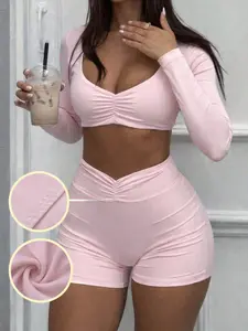 Women Pink 2 Piece Womenswear Lounge Set Ruched Crop Top Long Sleeve Sweetheart V Neck High Waisted Shorts Soft Stretchy Bodycon Matching Set Cute Feminine Y2K Coquette Athleisure Workout Yoga Pilates Homewear Pajama Set
