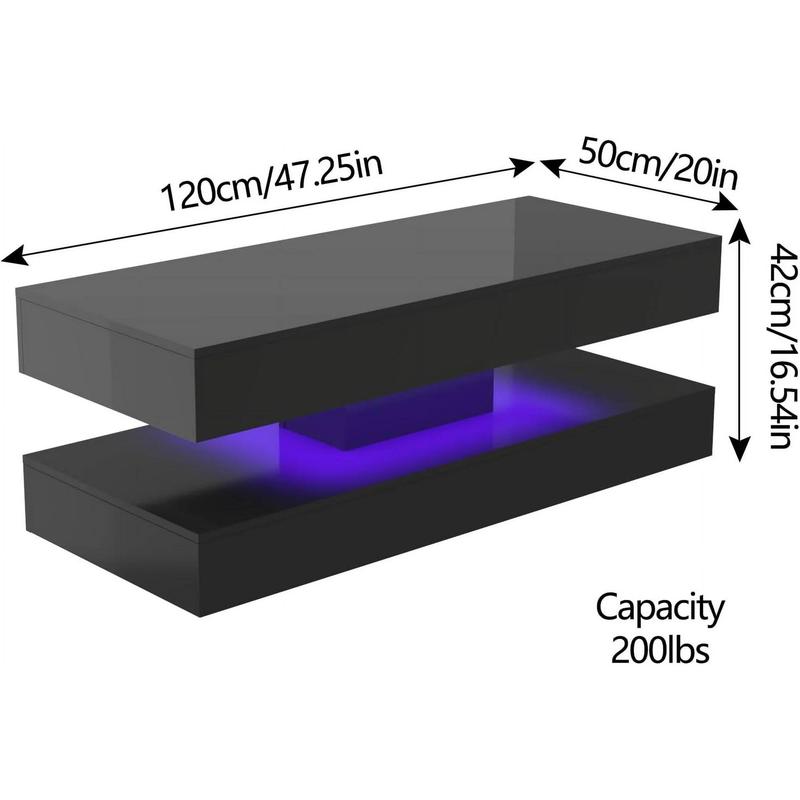 47.3" High Glossy LED Coffee Table with 2 Sliding Storage Drawers Living Room Coffee Table w APP Control LED Lights Modern Double Layer Center Tables Large Furniture Home Decor Lounge