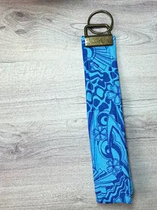 Blue Floral Fabric Wristlet Keychain, Handmade Cotton Key Fob, Wildflower Print Key Strap for Women, Boho Blue Accessory, Small Gift for Her