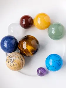 Natural Crystal Mineral Specimen Wooden Box, Solar System Planet Crystal Ball, Space Theme Party Gift, Suitable for Kids Friends Lovers