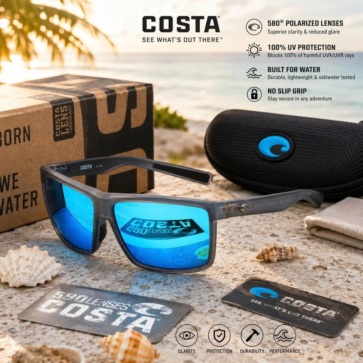 Costa Del Mar Polarized Outdoor Sunglasses – High Performance UV400 Eyewear with Blue Mirror Lenses for Fishing, Driving, Hiking & Water Sports