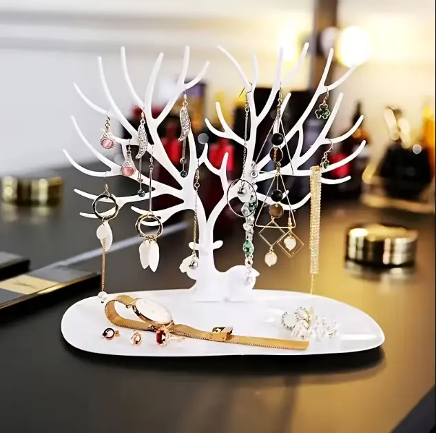 1pc, Vintage Plastic Antler Jewelry Stand - Reindeer-Themed Necklace and Earring Display Rack with Storage Tray; Perfect for Earrings, Necklaces & Accessories Desktop Display - Ideal for Bedroom, Bathroom Decor