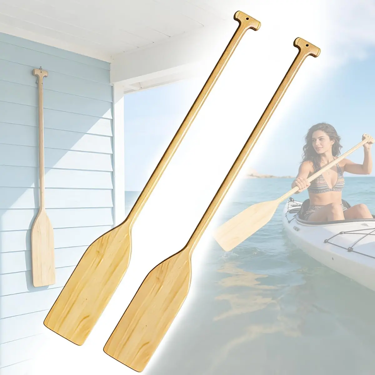 2 Pcs 48 Inch Lightweight Ergonomic Solid Pine Wooden Canoe Paddles - Boat Oar Paddle for Kayaking Rowing Water Sports Family DIY Decoration for Outdoor Enthusiasts