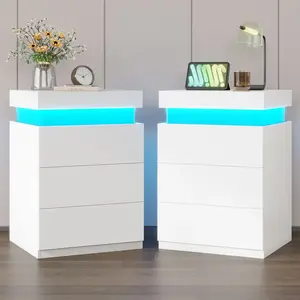 2PCS LED Nightstand Sets, Modern Night Stands with LED Lights & Charging Station, White Indoor Furniture Bedside Cabinet