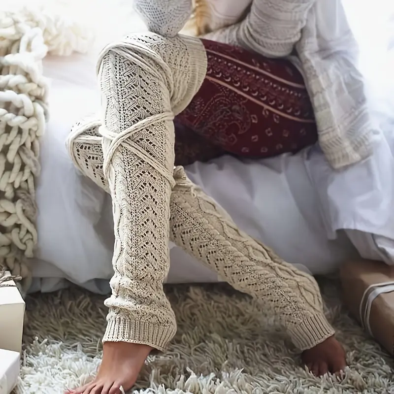 Coast Blend Threads Plus Size Trendy Leg Warmers, Women's Chunky Knit Cross Bandage Warm Over The Knee Socks For Fall & Winter