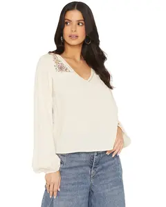 Eyeshadow Women's Long Sleeve Embroidered Peasant Top - J78855mb88