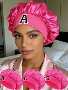 Hot Pink Satin Sleep Bonnet with A-Z Initial Letter, Personalized Hair Cap for Curly Natural Hair, Anti-Frizz Night Headwrap for Women, for Hair Care