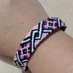 Pink Black & White Woven Friendship Bracelet | Handmade Thread Bracelet | Button Closure