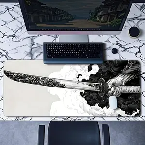 Samurai Sword Mouse Pad Japanese Fantasy Gaming Mouse Pad Black And White Small Round Mouse Pads Stitched Edges NonSlip Rubber Large Mouse Pad For Office & Home Ideal Gift For Game Enthusiasts
