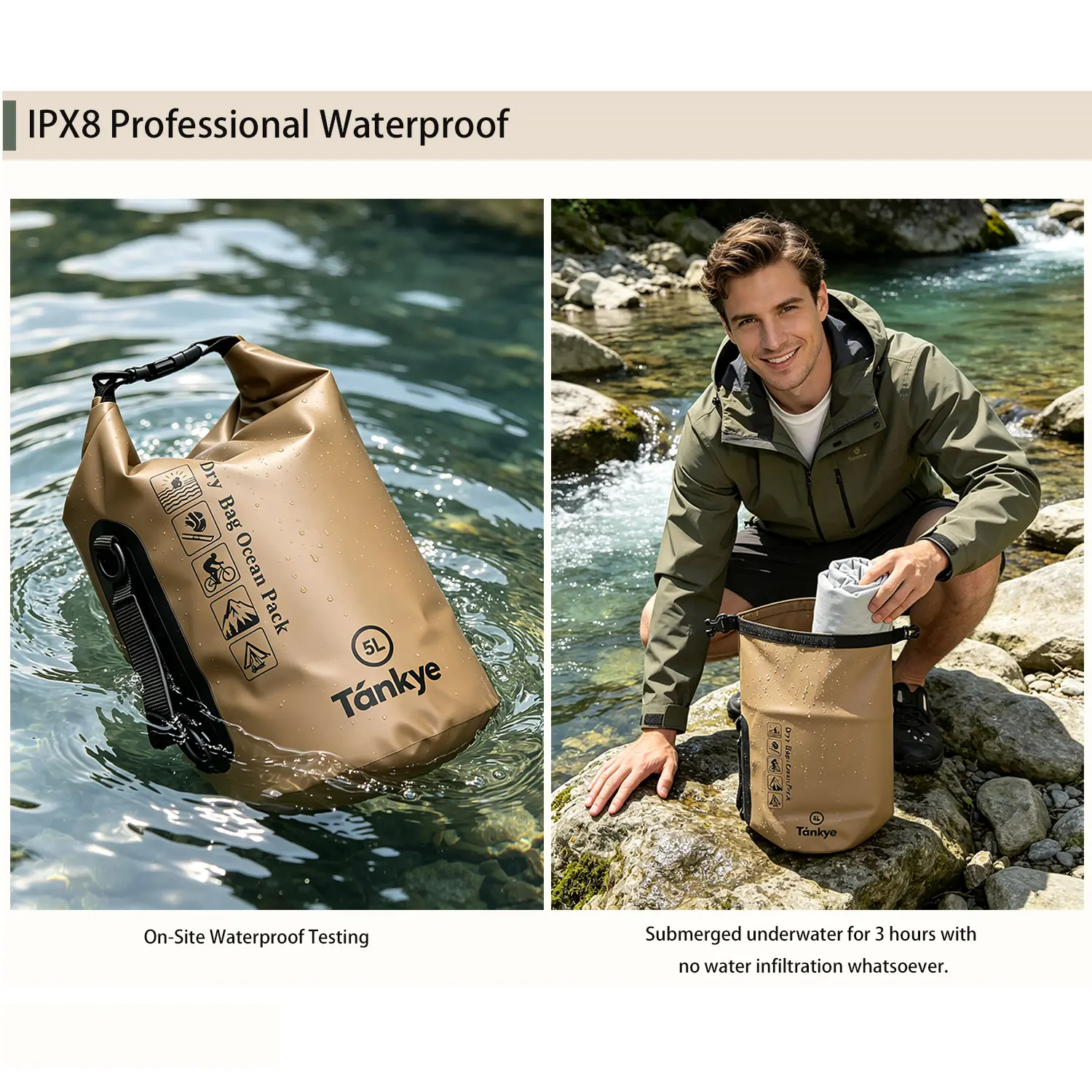 Tankye 5L IPX8 Submersible Dry Bag, Roll-Top Anti-Leak Backpack with Adjustable Shoulder Strap, Bonus Waterproof Phone Case, Lightweight Sack for Kayak, Camping