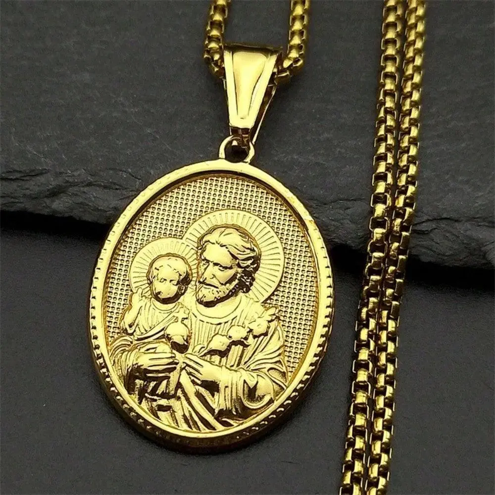 Saint Joseph Medal Necklace Gold Color Adjustable Chain Men Women Faith Jewelry Gift