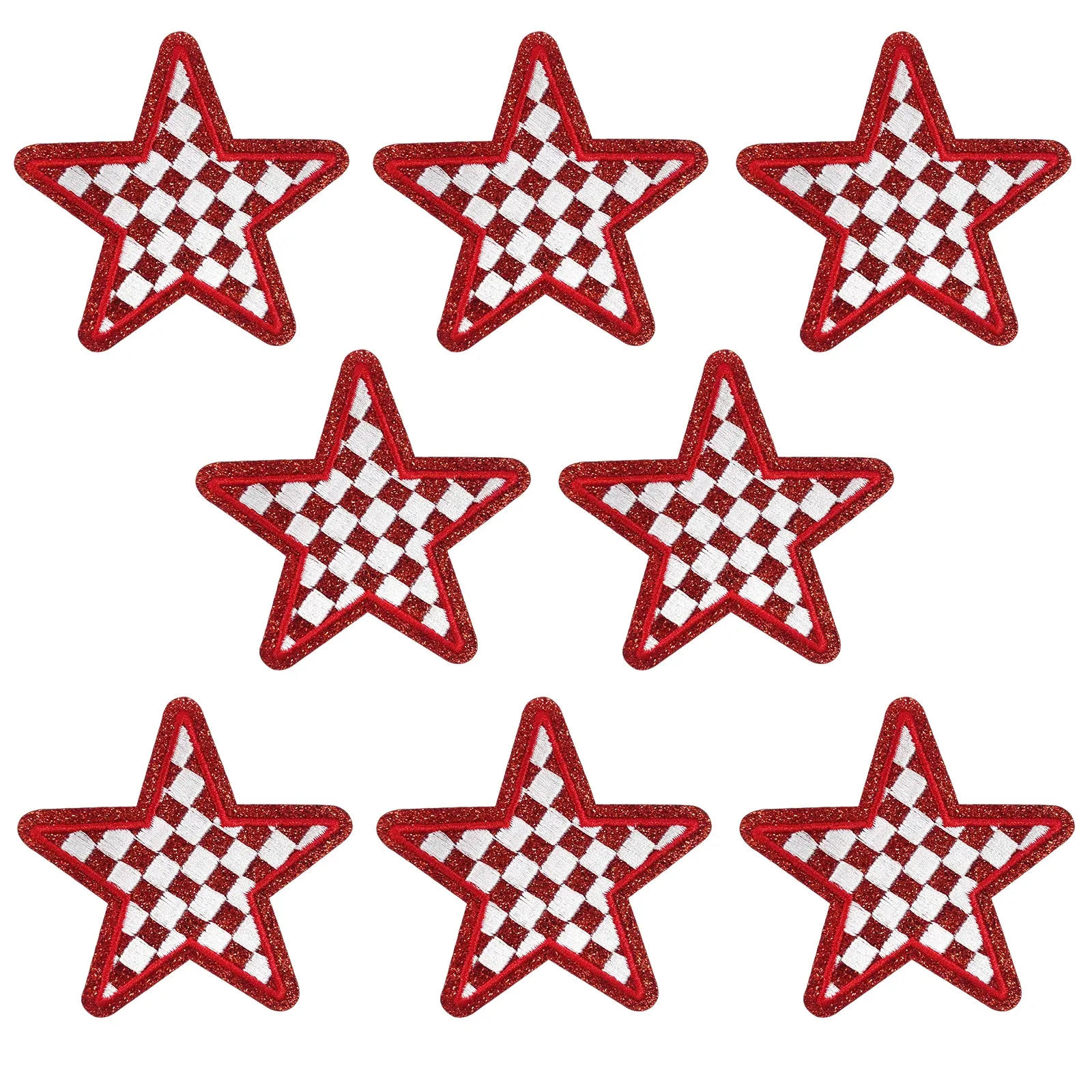 CY Iron On Patches 8PCS Red Glitter Stars Embroidered Checkerboard Applique Cute Fashion DIY Accessories for Hats Clothing Bag Jacket