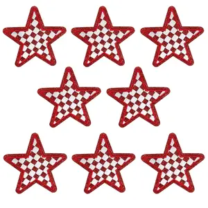 CY Iron On Patches 8PCS Red Glitter Stars Embroidered Checkerboard Applique Cute Fashion DIY Accessories for Hats Clothing Bag Jacket