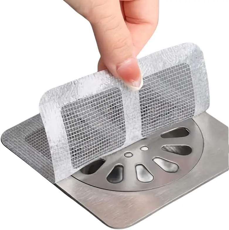 50 Pack Disposable Shower Drain Hair Catcher Mesh Stickers, 4x4in Strong Adhesive Mesh Covers with Filter, Waterproof Hair Trap for Bathroom & Kitchen, Easy to Apply & Remove