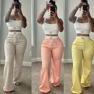 New Drop! European - American Style Cross - border Trendy Color - Blocked Double - Waistband Layered Loose Street - style Athletic Casual Trousers Two - Piece Set for WomenGift