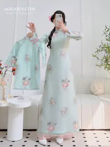 Green Koi Lotus Mother Daughter Matching Ao Dai Set M13