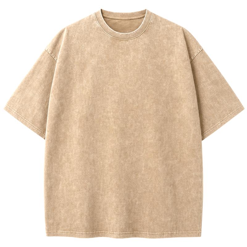 Women's Basic Heavy Cotton Crew Neck Short-Sleeve Oversized Drop Shoulder Tee Top - Thick, Vintage Washed, Breathable Fabric, Loose-Fit Casual Wear for Most Body Types
