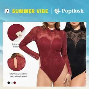 Popilush Essential Deep V-Neck Long Sleeve Bodysuit  Breathable Fabric Sheer Lace Turtleneck with Built-in Bra & Tummy Control Casual