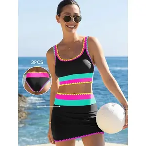 Women's Beach Ball & Kayak Print Three-Piece Bikini Set High Waisted Adjustable Wide Shoulder Straps Fluorescent Sporty Swimwear UV400 Protection Bold Color Blocking for Summer Beach