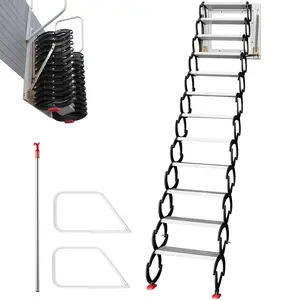 VEVOR Attic Steps Pull Down 12 Steps Attic Stairs Alloy Attic Access Ladder,  Black Pulldown Attic Stairs, Wall-mounted Folding Stairs for Attic, Retractable Attic Ladder with Armrests, 9.8 feet Height
