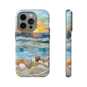 Stained Glass Beach Sunset Print Polycarbonate Phone Case, Seashell Ocean Art Shockproof Cover For iPhone 17ProMax, 16, 15Plus, 14, 13, 12Pro, 11