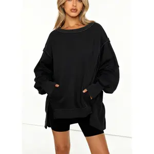 European and American Style Loose Sweatshirt Patchwork Round Neck Top Long Sleeve Sports Shirt Autumn Fashion Women Cotton Blend