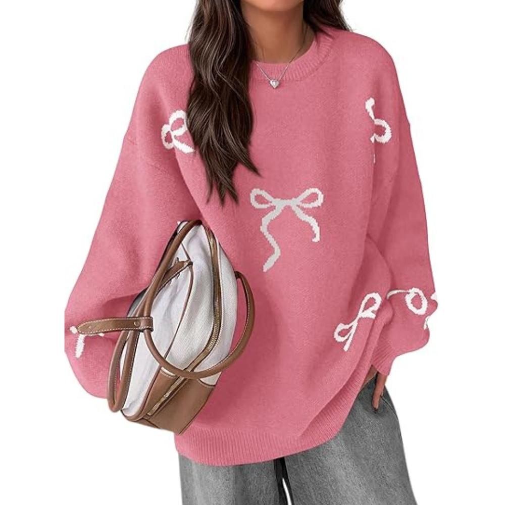PRETTYGARDEN Fall Long Sleeve Pullover Sweaters for Women Trendy Crewneck Casual Cute Bow Chunky Knit Oversized Sweater