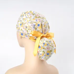 Flower Ponytail Scrub Caps for Long Hair, Cotton Surgical Hat with Forehead Sweatband and Buttons