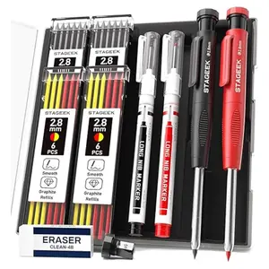 STAGEEK 2 Pack Carpenter Pencils with Sharpener, Mechanical Pencils Set with 26 Refills, Deep Hole Marker for Construction, Heavy Duty Woodworking Tools,Mechanical Pencil Set  for Architect(Black, Red) - With Case