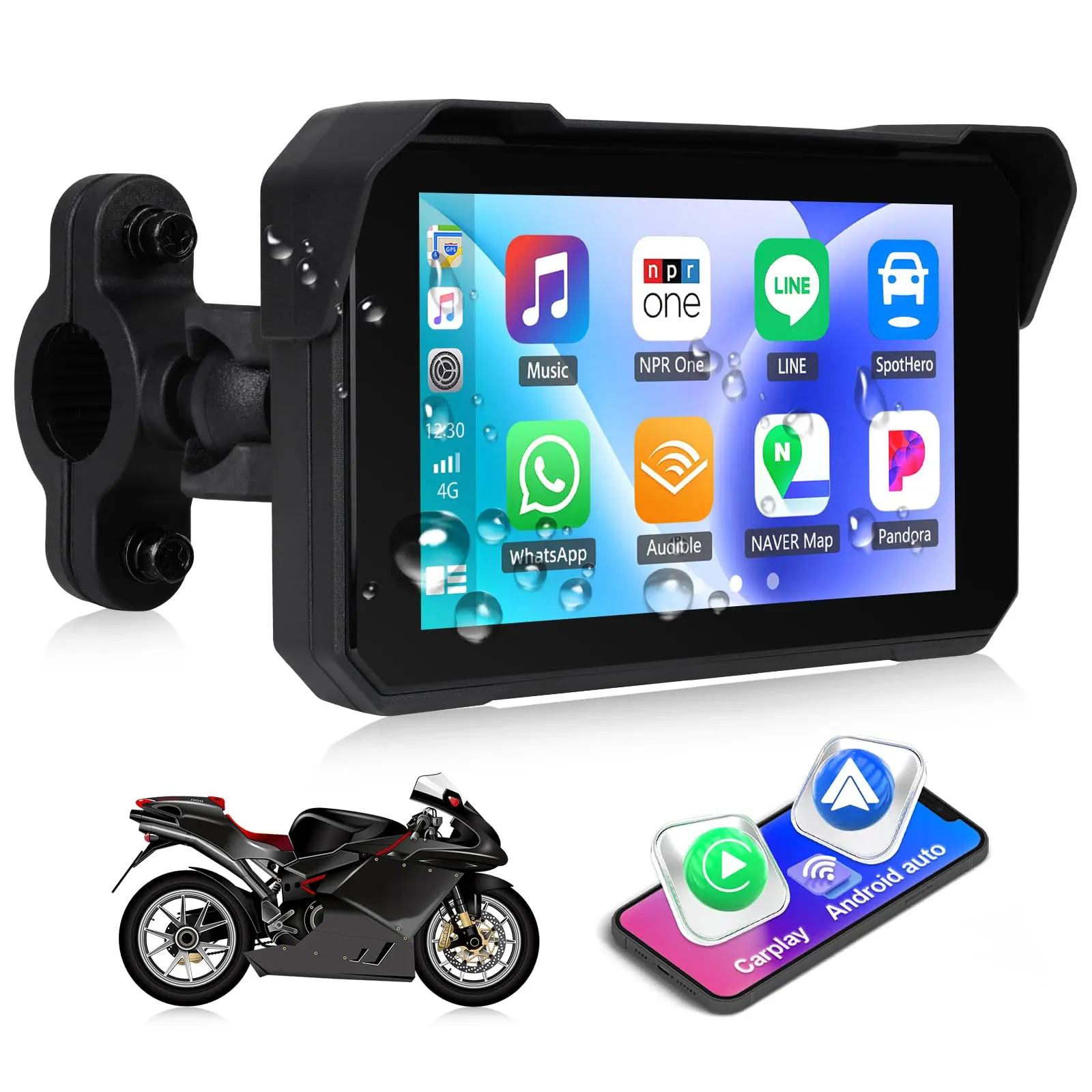 5-Inch Portable Waterproof Touchscreen GPS Navigation Motorcycle Accessory, Wireless CarPlay & Android Auto Support, Bluetooth & Siri Compatibility, with Motorcycle Holder, Motorcycle Accessories