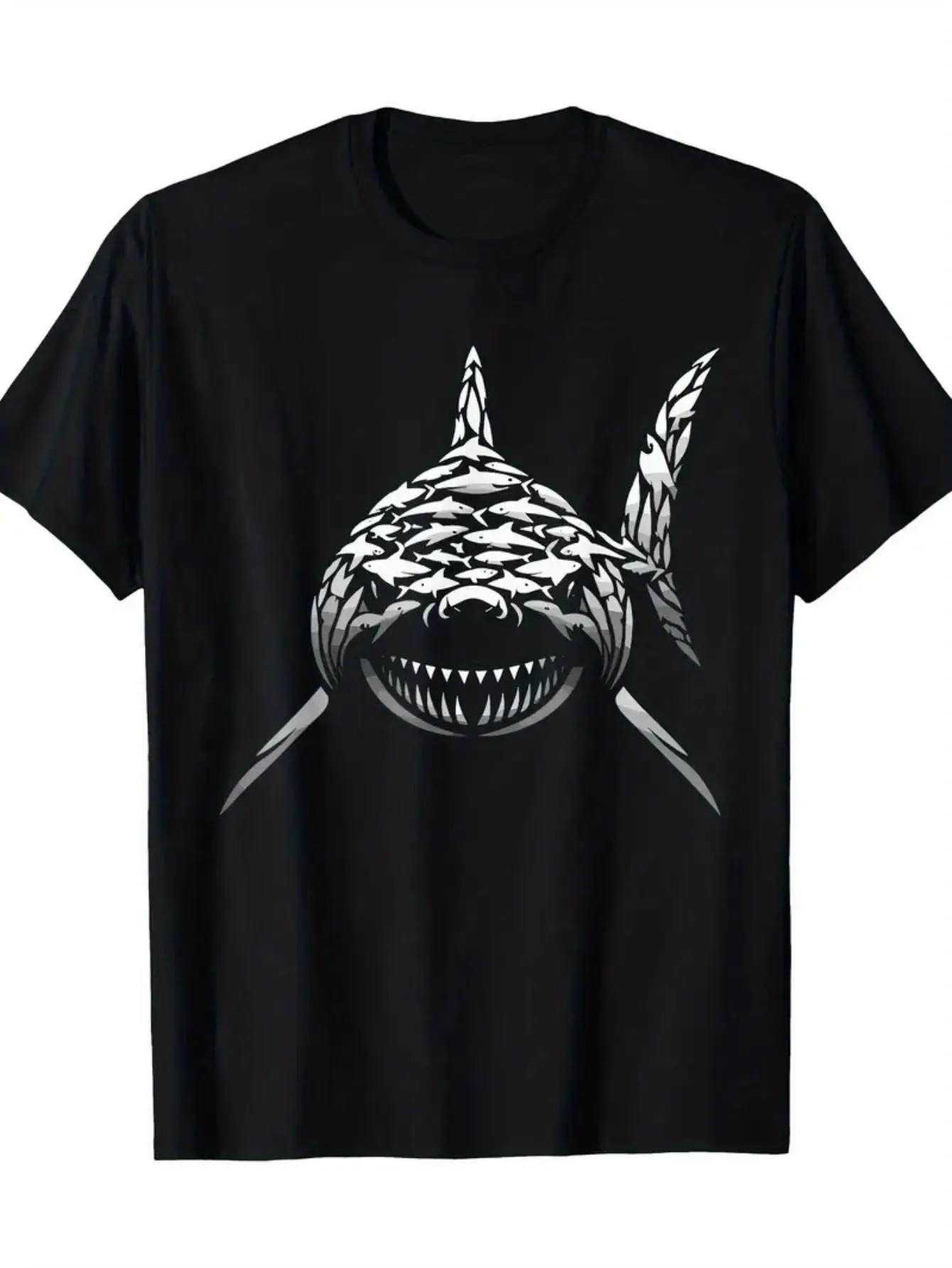 Men'S Shark Graphic T-Shirt - Black with White Sha unisex soft cotton short sleeve t shirt, vintage graphic casual tee for men women teens, perfect birthday holiday gift for camping travel gym daily street casual wear