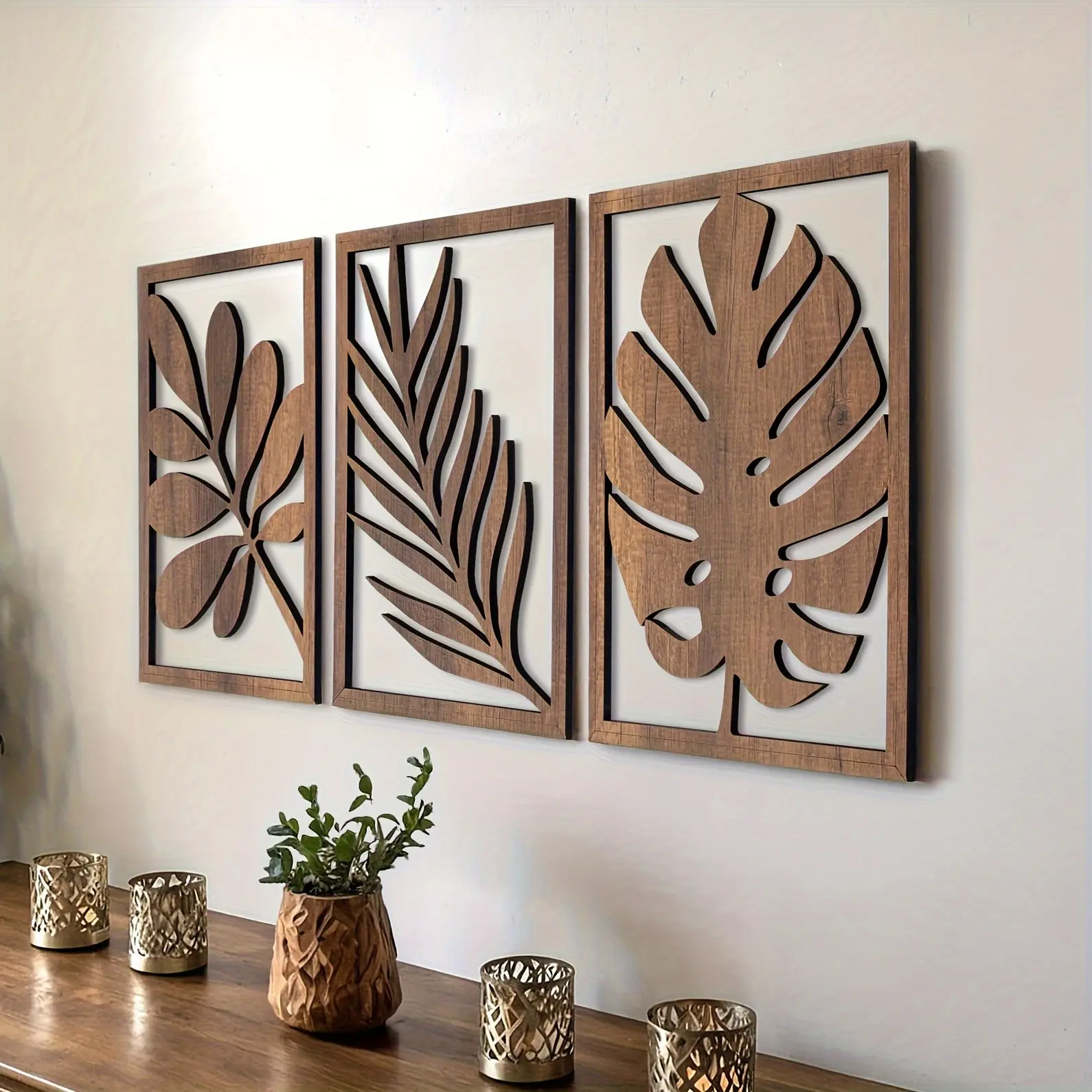 Vintage Wooden Leaf Wall Art Set, Home Wall Art, Aesthetic Wall Decor, Decorative Artwork, Easy Installation, Reusable Matte Finish, Perfect for Living Room Bedroom Office Decor