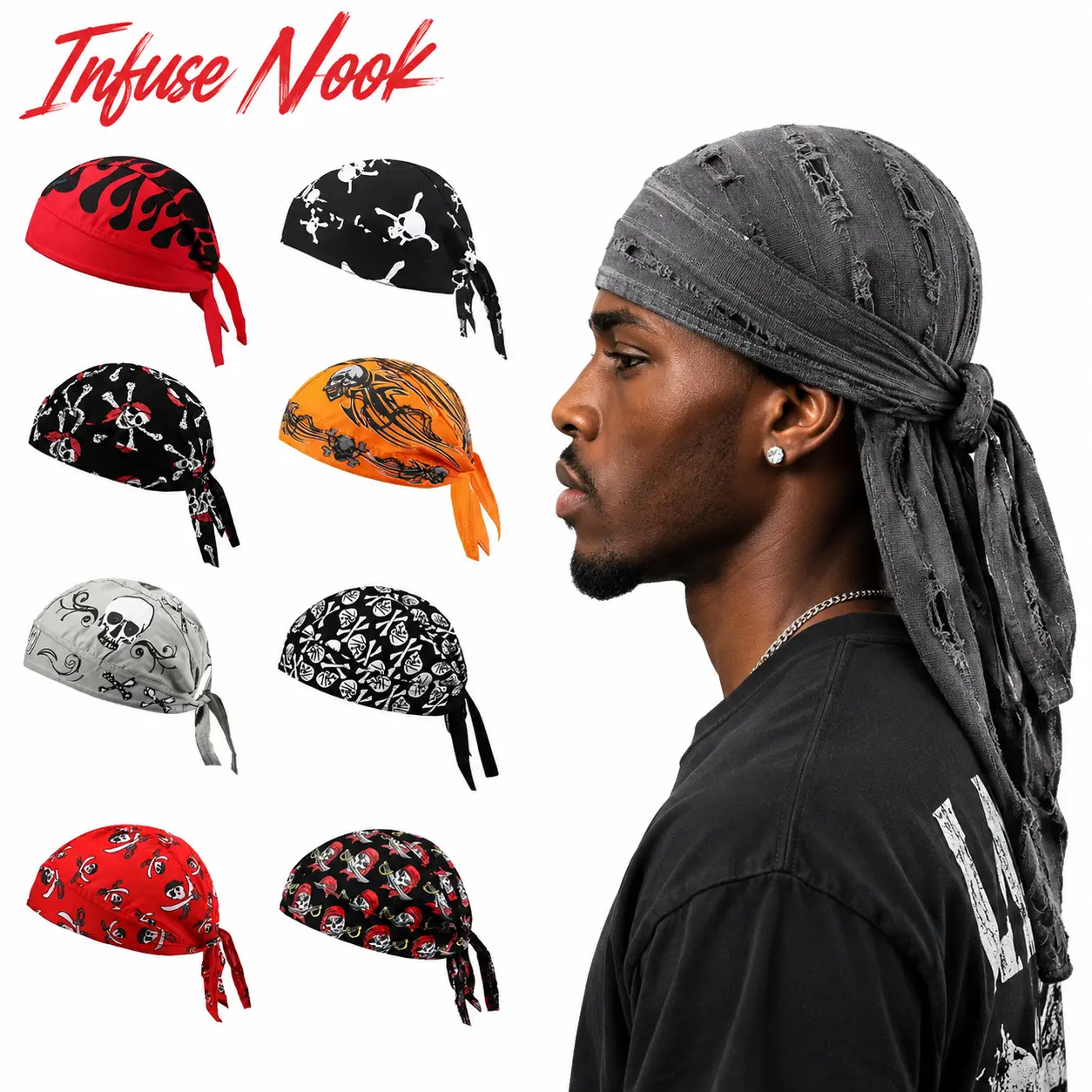 2 Pack / 8 Pack Do Rag Head Wraps, Sweat Absorbing Doo Rags Cooling Helmet Inner Liner, Breathable Skull Pattern Bandana Cap for Motorcycle Cycling Driving Outdoor Activities