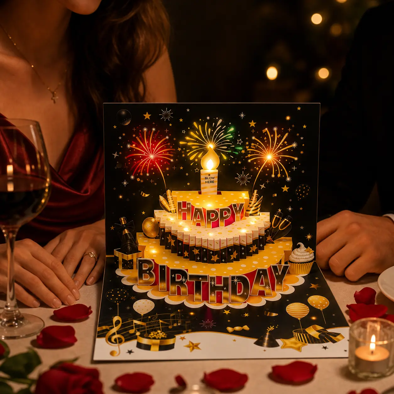 3D Pop-Up Music Greeting Card with High Fidelity Sound, Blow-Sensitive LED Candle Effect, Black & Gold "Blow-Out" Magic, Separate Romantic Message Card - Office Stationery Gift for Husbands, Invitation Envelopes Included, Music Greeting Card & Invitation