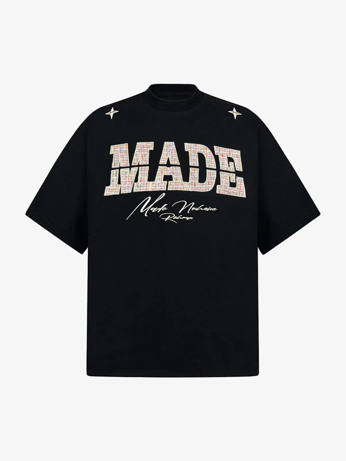 Thesupermade Vintage Patchwork Embroidered Letter T-Shirt | Graphic Shoulder Detail Streetwear Tee Men
