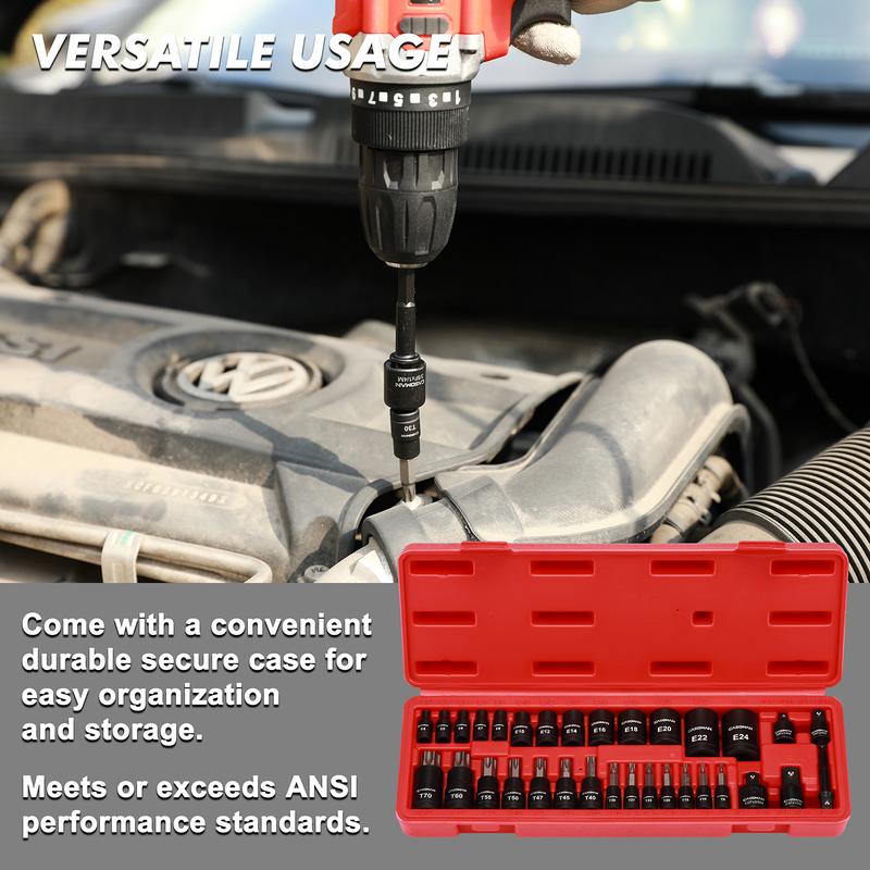 CASOMAN 32-Piece Torx Bit Socket and Female External Socket Set, 14 Star Bits (T8- T70) and 13 Female E-Torx Sockets (E4-E24), Include 5 Impact Socket Adapter Hex Combination Wrench Torque Screwdriver Wrench#TikTokShopBlackFriday