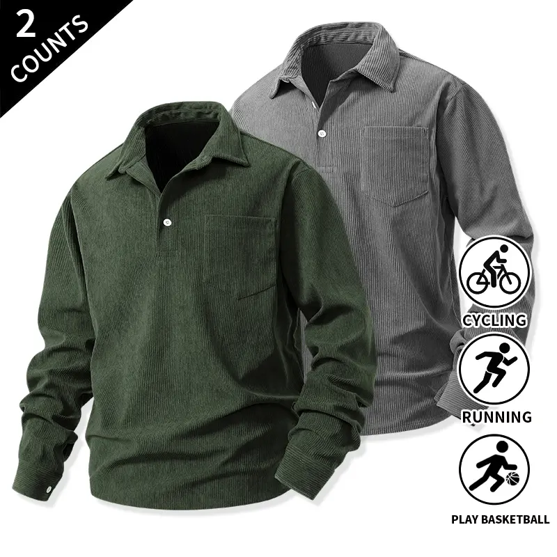 2-Pack Men’s Soft Corduroy Long-Sleeve Collared Shirts with Lapels and Pockets — Casual Workout Shirts for All Seasons, Street Athletic Tops for Daily Outdoor Activities