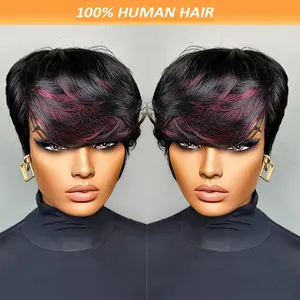 Wholesale 2025 NEW Rose Net Machine Made Glueless Wig Short Pixie Cut Human Hair 4inch 180% Density Brazilian Vargin Straight Layered Hair Ready to Wear for Women Color 1B/99J