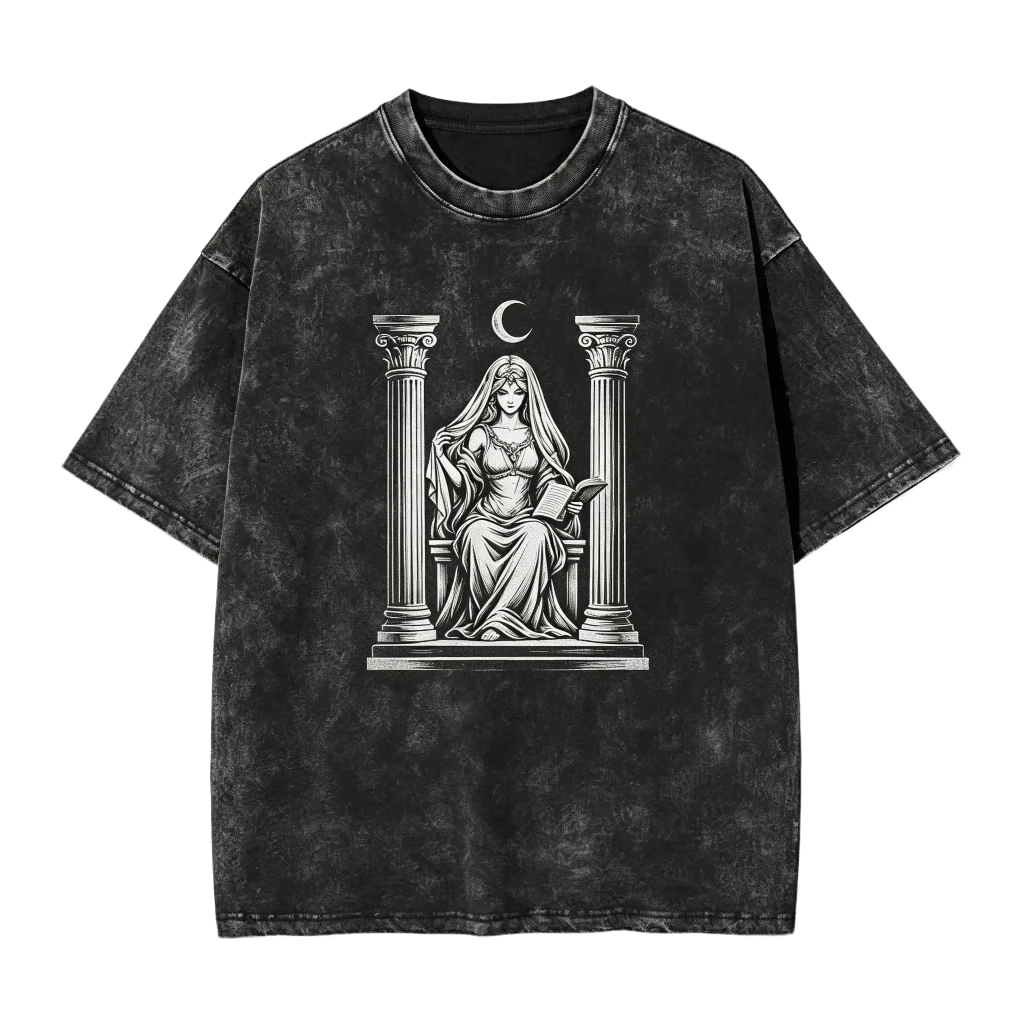 Women's Vintage Distressed The High Priestess Tarot Print Oversized Short-Sleeve Casual Comfortable Witchy Occult Dark Aesthetic Washed T-Shirt