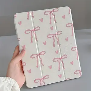 White and pink love bow, flip cover pen holder to prevent falling, foldable, non-slip, adjustable stand and flexible hybrid protective cover, suitable for iPad mini, iPad Air, iPad Pro iPad 10th generation, 11th generation and other series of tablet cases