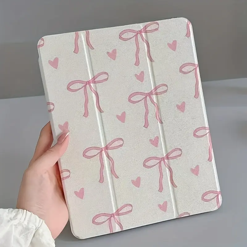 White and pink love bow, flip cover pen holder to prevent falling, foldable, non-slip, adjustable stand and flexible hybrid protective cover, suitable for iPad mini, iPad Air, iPad Pro ipad 10th gen case and other series of tablet cases Folding Protection