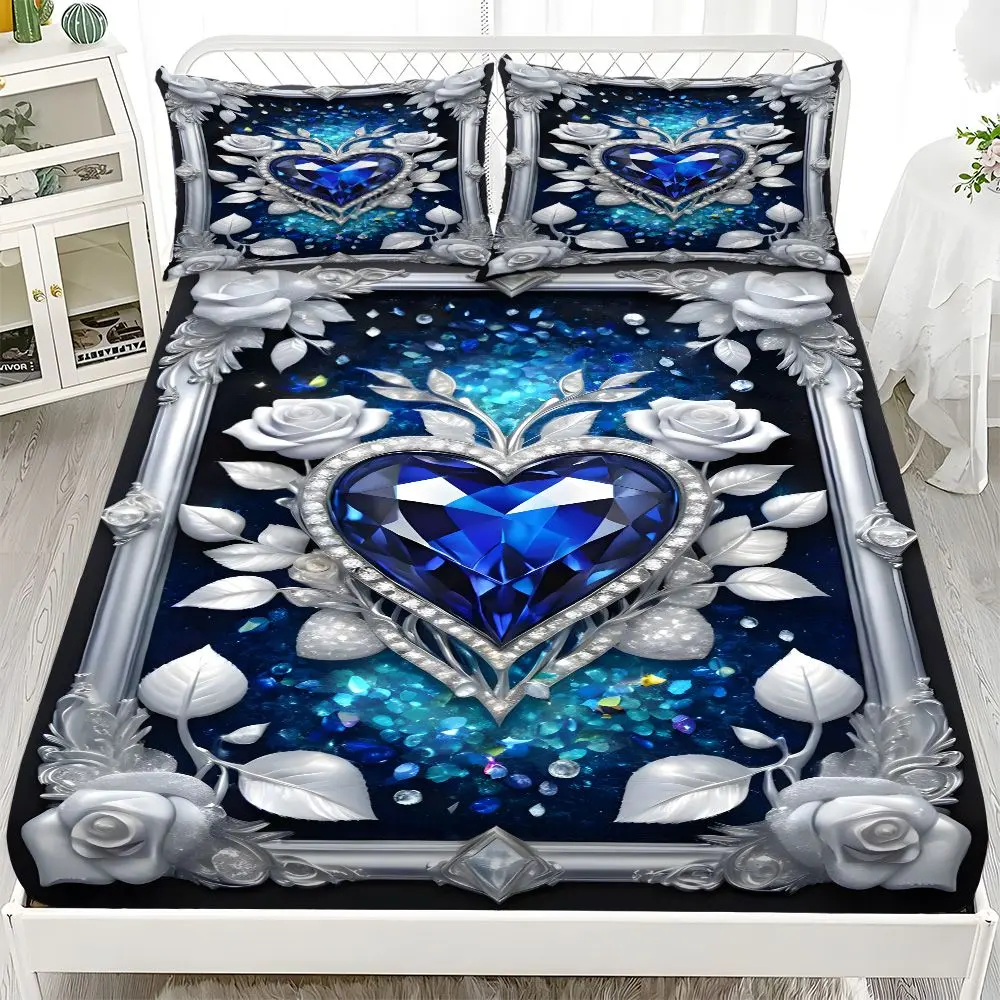 Fitted Sheet 3-Piece Set - 2D Flat Printing, Silver, Rose, and Blue Diamond Heart Pattern Mattress Covers, Available in 10 Sizes (1 fitted sheet + 2 pillowcases, no insert). skin-friendly and breathable bedding, suitable for family bedrooms .