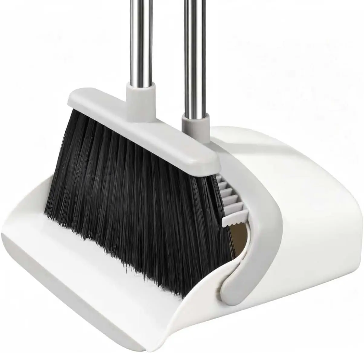 Standing Push Broom and Integrated Dustpan Set, Comfortable Adjustable Long Handle, Self-Cleaning Comb Teeth, 5-Layer Bristles for Pet Hair, Indoor Use in Kitchen/Office, Home Care Supplies