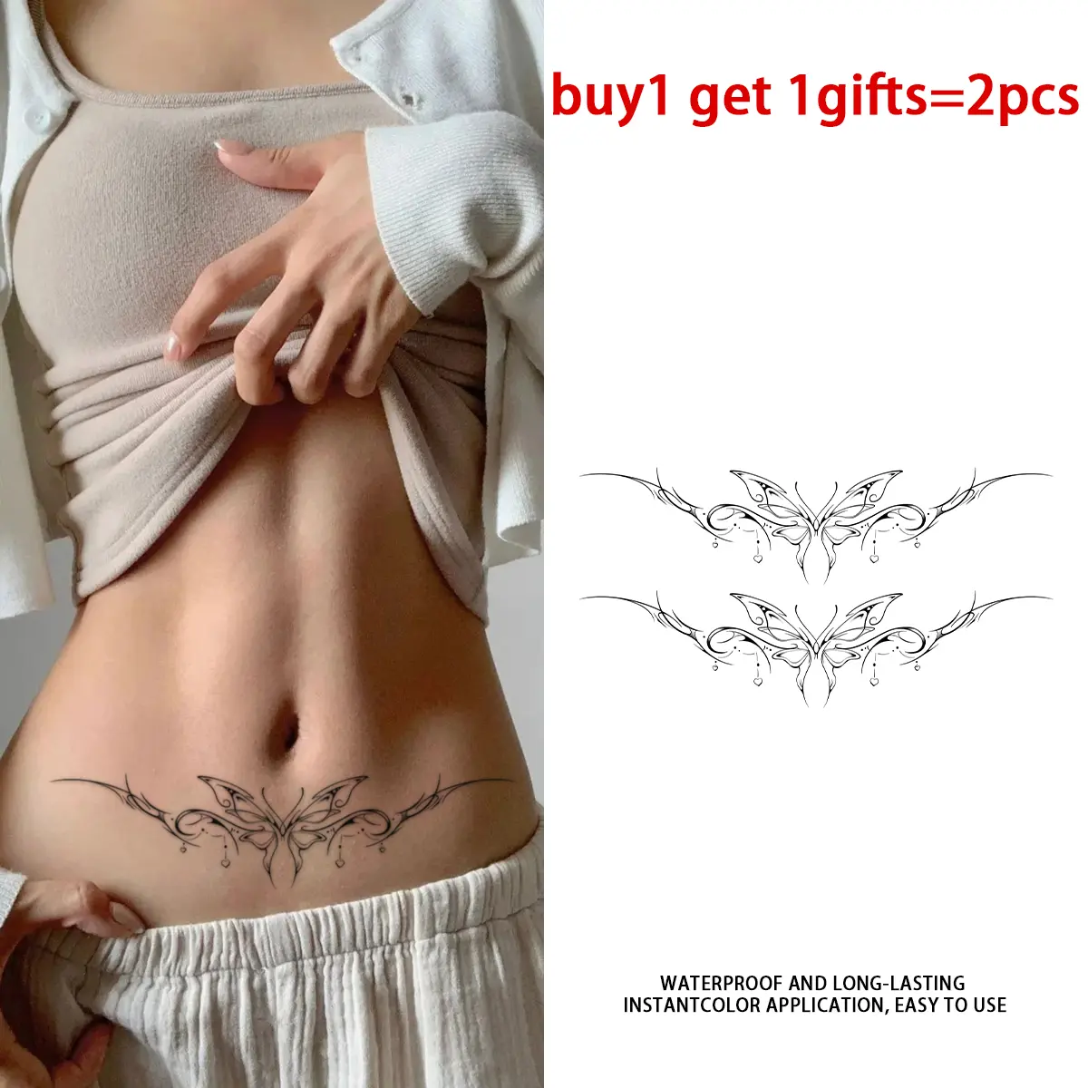 Women's Tribal Butterfly Temporary Tattoos, 2-Piece Waterproof Semi-Permanent Body Art Stickers for Lower Waist, Basic, Painless, Fits All Skin Tones