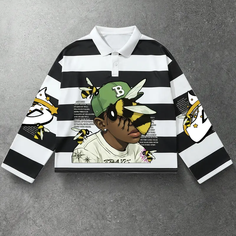 1 Piece Men's Long-Sleeve Buttoned Polo Shirt, Short, Streetwear Style with Black-White Stripe, Geometric Graphic Bee and Poetic Text Print for Casual Daily Wear and Outings Clothes, Graphic Polo Shirts