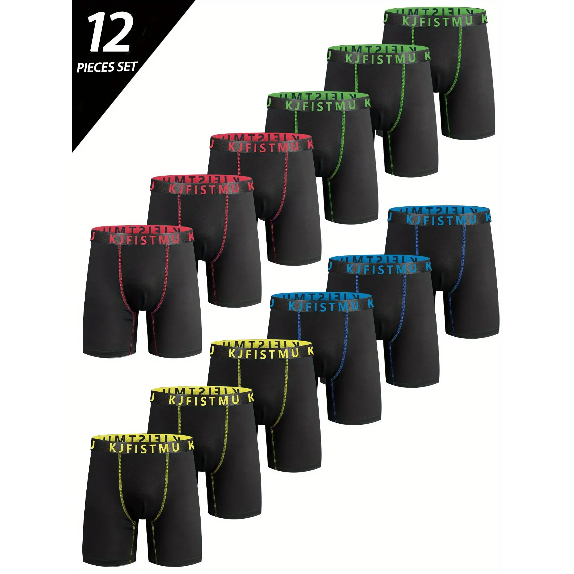 12pcs KJFISTMU Men'S Athletic Boxer Briefs - Soft Breathable Underwear with Multi-Color Solid Shades (, Red, Green, Yellow, Grey, Navy, Brown, Pink, Orange, Purple) | Non-Sticky Quick-Dry Fabric, Mid-Stretch Comfort Fit for Gym, Running